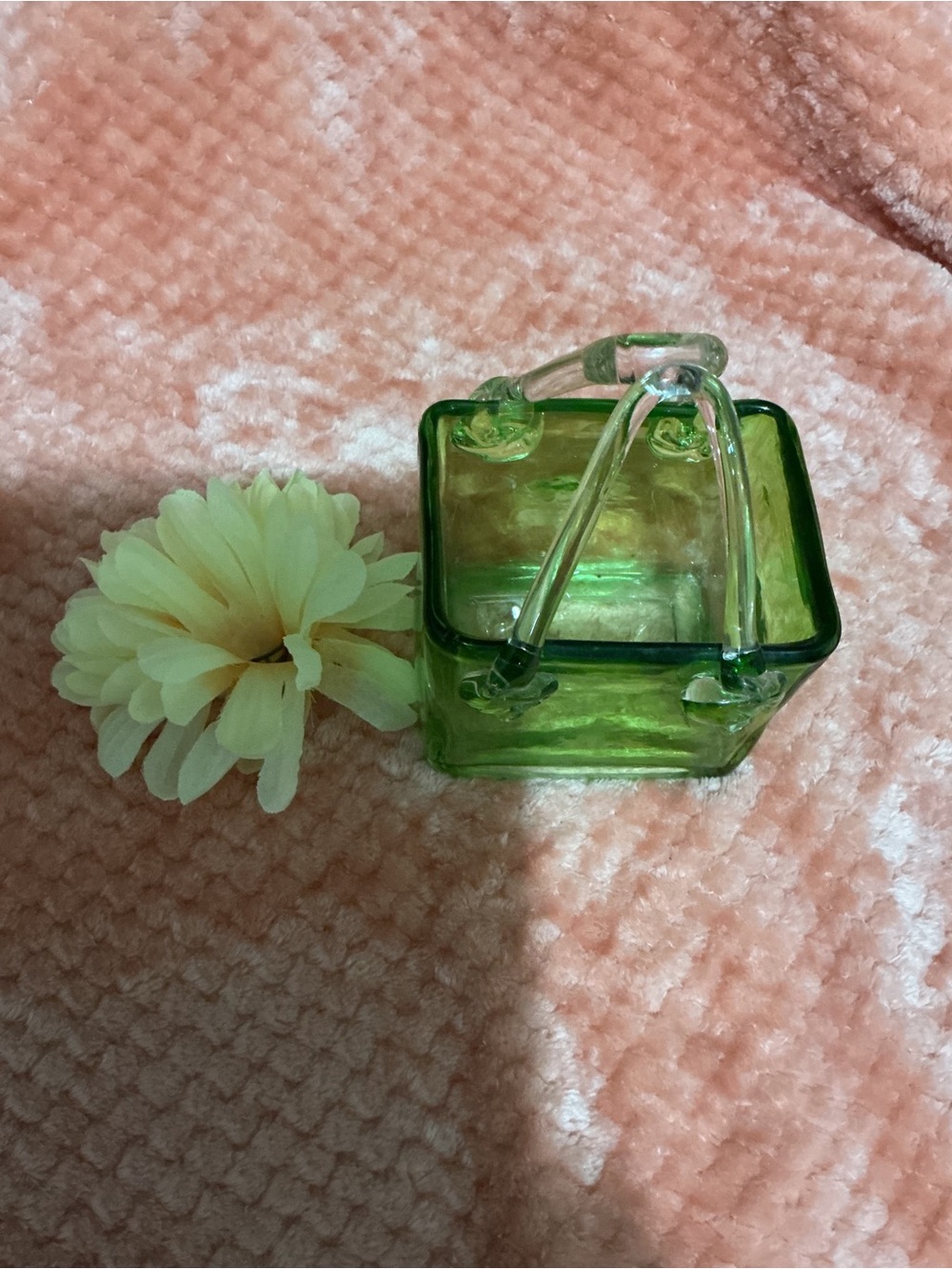 Vintage Green Glass Square Basket with Clear Handles
